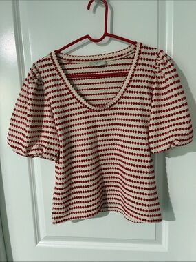 LOFT Red & Cream Puff Sleeve Striped Knit Top